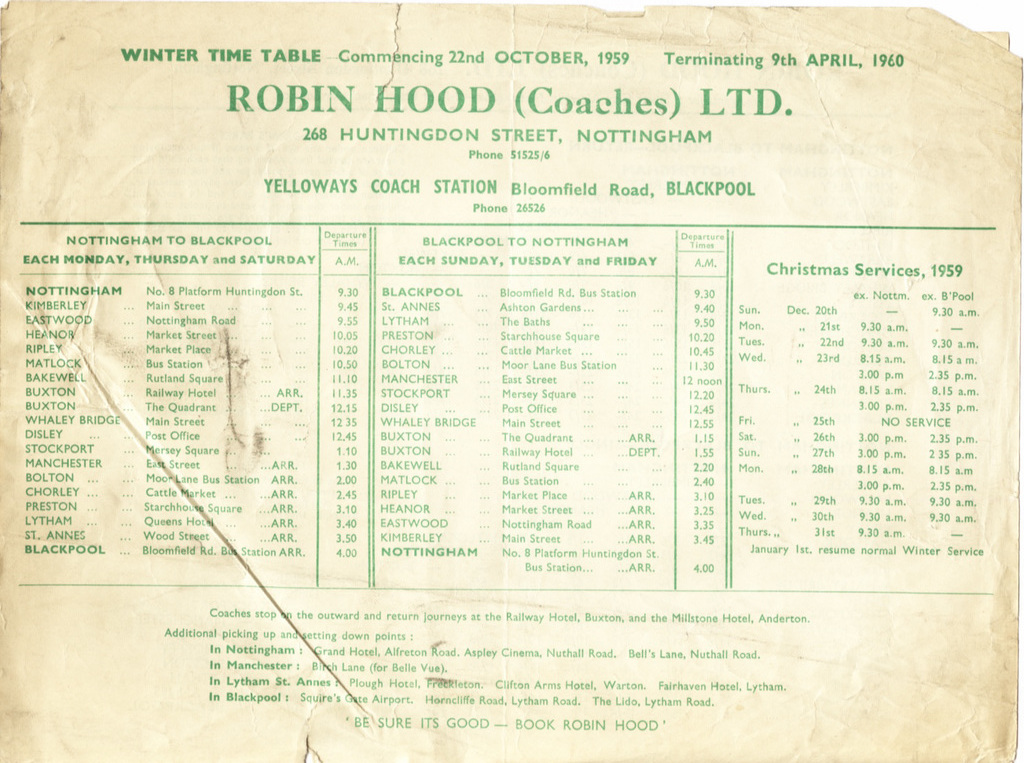 Robin Hood (Coaches) Nottingham-Blackpool service timetable - Winter 1959-1960