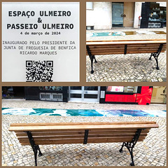 Two street benches with a view of "ULMEIRO Sidewalk"
