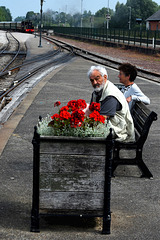 Lady and gentleman sitting on a bench to await the train!