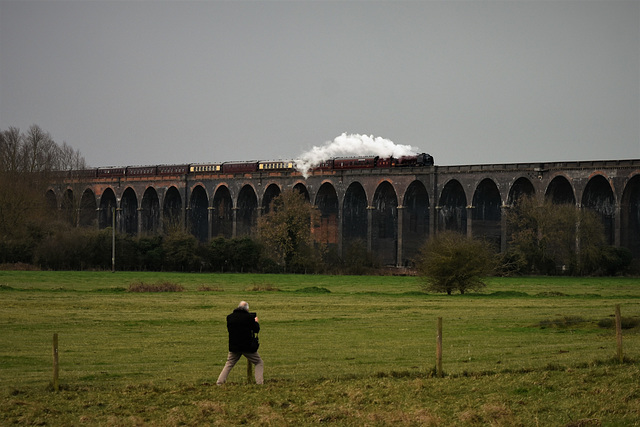 Gentleman leaning on a fence to photograph Welland Viaduct