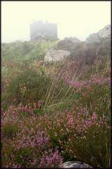 Carn Brae Castle in the fret (mist) and heather