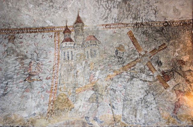 Saint-Maurice-de-Gourdans (01)  19 août 2017. Eglise du 13e siècle. Fresques du 15e siècle: le portement de la Croix.