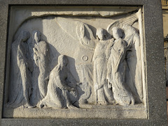 brompton cemetery, london,louisa augusta salting, +1858, plaque with two angels, three figures and an ouroboros, presumably the three maries at the tomb.