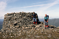 Steve Drury and Jim Simpson at the large summit Cairn on Mam Sodhail 3862ft 1181 Mtr Affric Ridge 14th August 1992