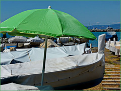 Un ombrellone verde in mezzo alle barche