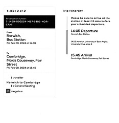 Megabus coach 'ticket' - Norwich-Cambridge 9 Feb 2024