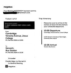 Megabus coach 'ticket' - Cambridge-Norwich 9 Feb 2024