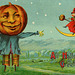 All Halloween Greetings—Jack-o'-Lantern Scarecrow and Witch with Crescent Moon