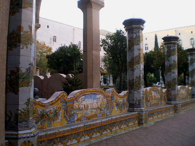 Tiles on benches and columns.