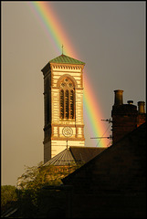church struck by rainbow