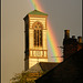 church struck by rainbow