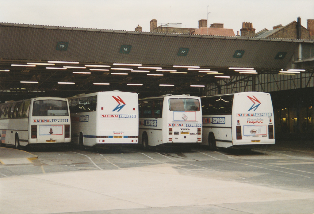 National Express coaches in Victoria Coach Station, London - 22 Apr 1993