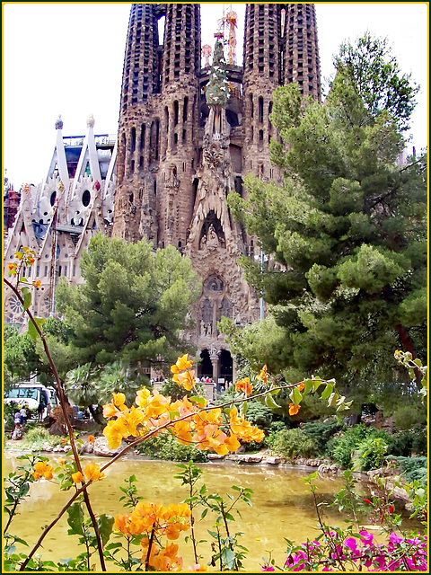 Barcellona : La Sagrada Familia in costruzione nel bellissimo parco con piante, fiori e laghetto