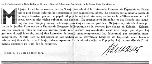 Konrad Adenauer, Invitation Congrès mondial d'espéranto 1933, Cologne 14 juillet 1932