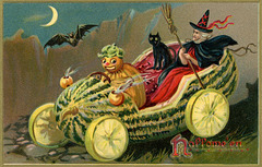 A Witch with a Veggie Chauffeur in a Halloween Melon-mobile