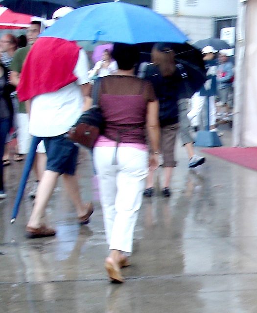 Chubby Mature in white pants and mules