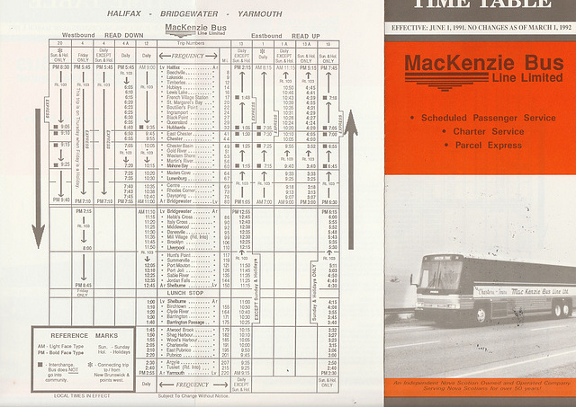 MacKenzie Bus Line Halifax to Yarmouth timetable effective 1 March 1992