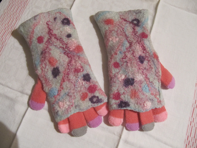 felted mittens on knittled gloves