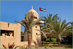 AbuDhabi : la bandiera degli emirati arabi sventola sull'edificio che ospita il museo Heritage Village