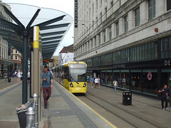 DSCF0658 Manchester Metrolink car sets 3055 and 3036 in central Manchester -  5 Jul 2015