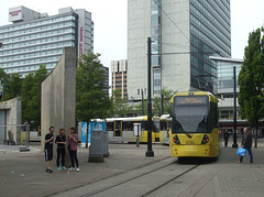 DSCF0660 Manchester Metrolink car sets 3036 and 3055 in central Manchester -  5 Jul 2015