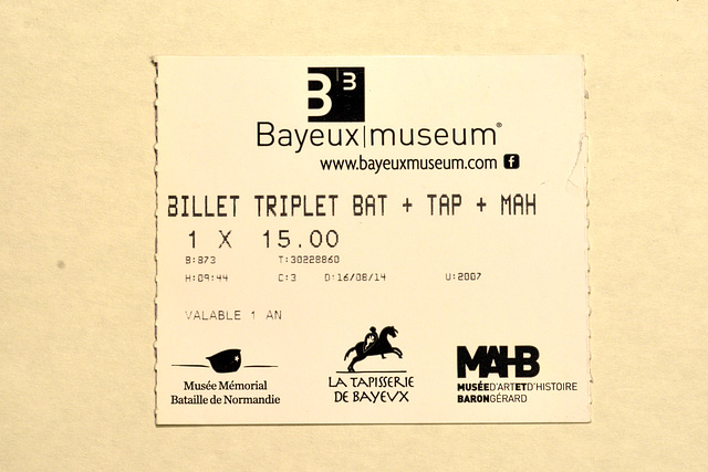 Ticket for Musée Mémorial Bataille de Normandie, La Tapisserie de Bayeux and Musée d'Art et d'Histoire Baron Gérard