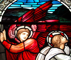 Detail of Morris and Co stained glass, St John the Baptist's Church, Upper Elkstone, Staffordshire
