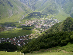 View from Gergeti to the valley of Stepantsminda.