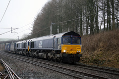 DRS class 66`s 66434+66305 with 4S43 06.40 Daventry DRS (Tesco) - Mossend Euroterminal at Beck foot 11th March 2017