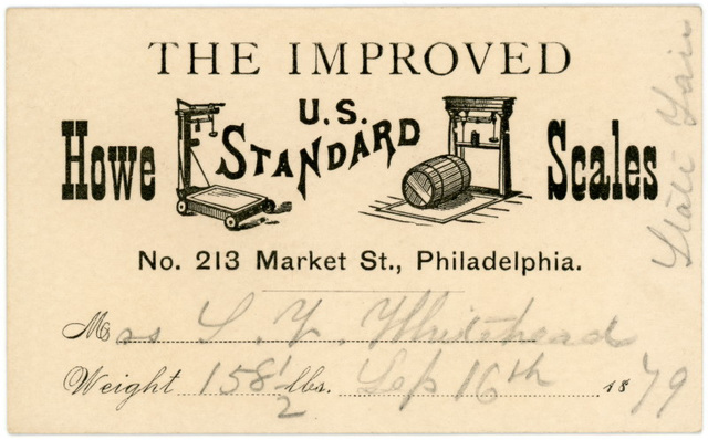Weight Card, Howe Standard Scales, Philadelphia, Pa., 1879
