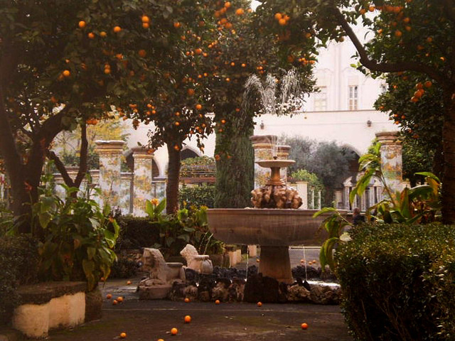 Fountain and orange trees.