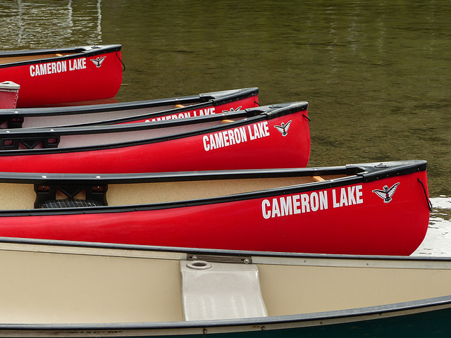 Red canoes at Cameron Lake, Waterton Lakes National Park