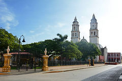 Mexico, Campeche, The Park on the Independence Square and Our Lady of the Immaculate Conception Cathedral
