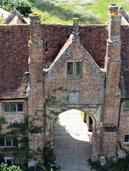 sissinghurst castle, kent   (17)c16 brick outer gatehouse of 1533 seen from the inner gate tower