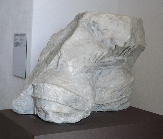 Relief Fragment with the Heads of Legionaries and a Pile of Weapons in the Museo Campi Flegrei, June 2013