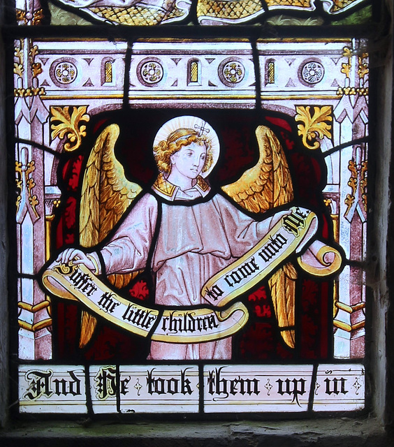 Detail of stained glass, St Mary and St Peter's Church, Kelsale, Suffolk
