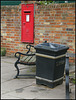 post box, seat and bin