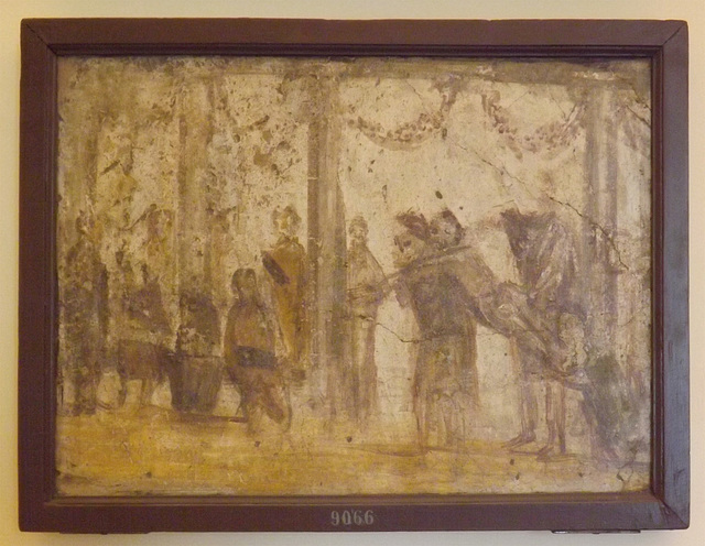 Wall Painting of a Student Punished with a Whip in a Colonnaded Portico from Pompeii in the Naples Archaeological Museum, June 2013