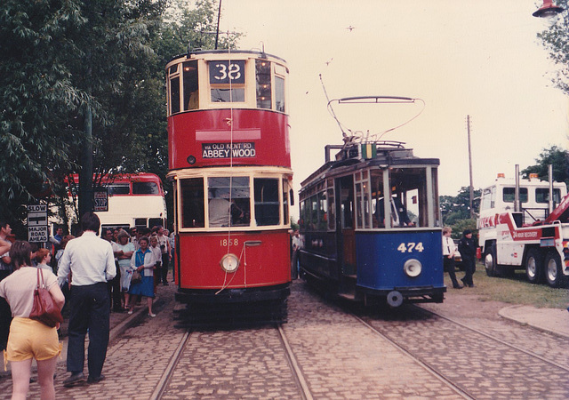 Former London tramcar 1858 and former Amsterdam tramcar 474 at the East Anglia Transport Museum, Carlton Colville – 6 July 1986 (38-17)