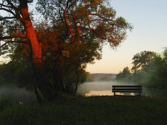 Morning fog above Lužnice river at Soběslav