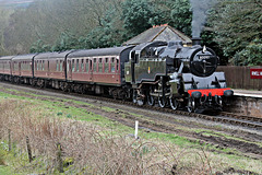BR Standard class 4 2-6-4T 80097 stood at Irwell Vale with 1J59 11.50 Haywood - Rawtenstall ELR 7th March 2020.