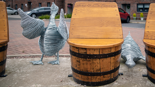 Goose Sculptures and Barrel Seats