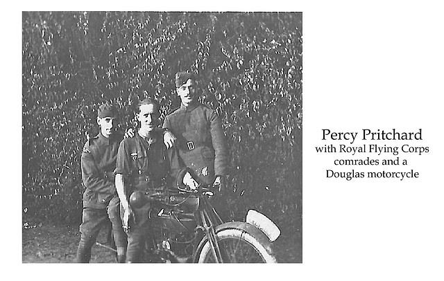 Percy Pritchard RFC with friends & Douglas motorcycle c1917