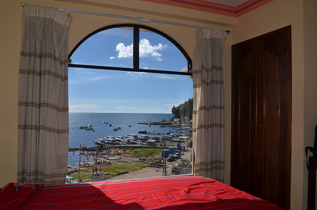Bolivia, Copacabana, View of Lake Titicaca through the Window of the Hotel Mirador