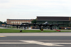 The BBMF Lancaster  and the Canadian Lancaster taxi round after landing at RAF Waddington,Lincolnshire 21st August 2014