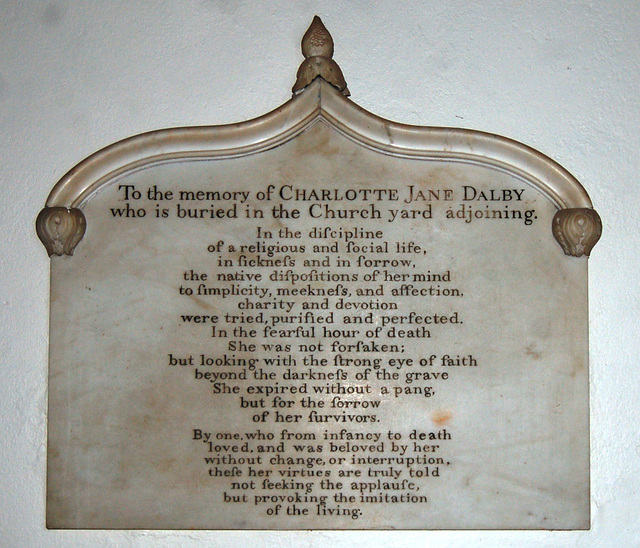 Memorial to Charlotte Dalby who "Expired Without a Pang", St Giles' Church, Normanton, Derby, Derbyshire