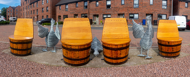 Goose Sculptures and Barrel Seats