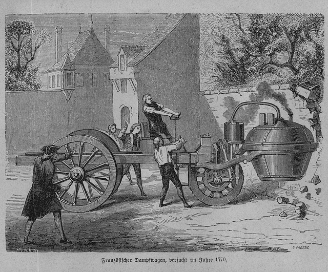 French people crash a steam vehicle into a wall in 1770