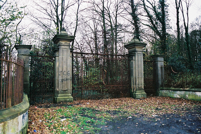 Entrance gates to Nettleham Hall, Lincolnshire (burnt 1937 and now an ivy covered ruin)