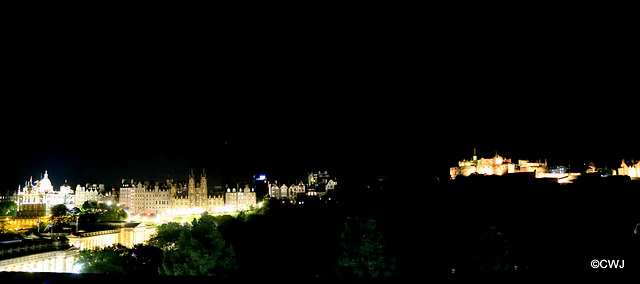 Edinburgh old town  skyline at night from The New Club.